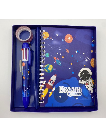 LIBRETA ESPACIAL CON CINTA + BOLIGRAFO MULTI COLOR EN CAJA