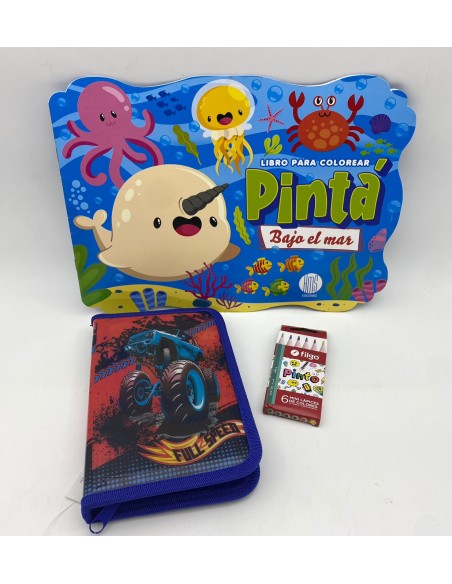 LIBRO JUEGO Y ACTIVIDADES + CARTUCHERA SIMPLE CON CIERRE Y 6 LAPICES DE COLORES FILGO.