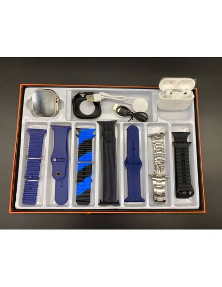 SMARTWATCH + 7 MALLAS METAL + AURICULAR.