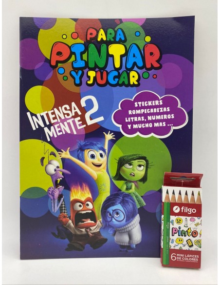 LIBRO PARA JUGAR Y PINTAR CON STICKER + LAPICES DE COLORES FILGO X6