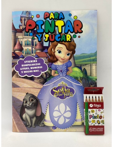 LIBRO PARA JUGAR Y PINTAR CON STICKER + LAPICES DE COLORES FILGO X6